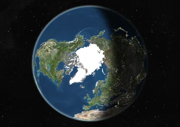 Globus zentriert auf den Nordpol, Satellitenbild in Echtfarben